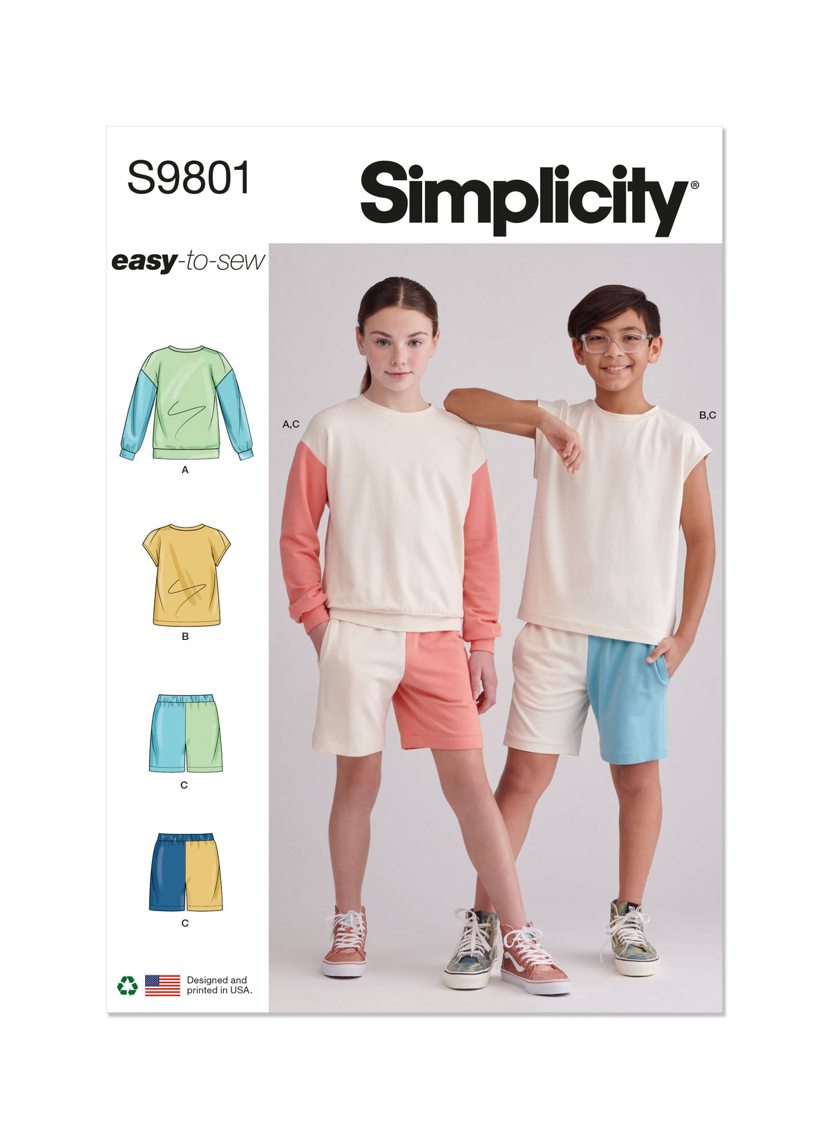 Simplicity sewing pattern S9801 envelope showing girls' and boys' sweatshirt and shorts designs