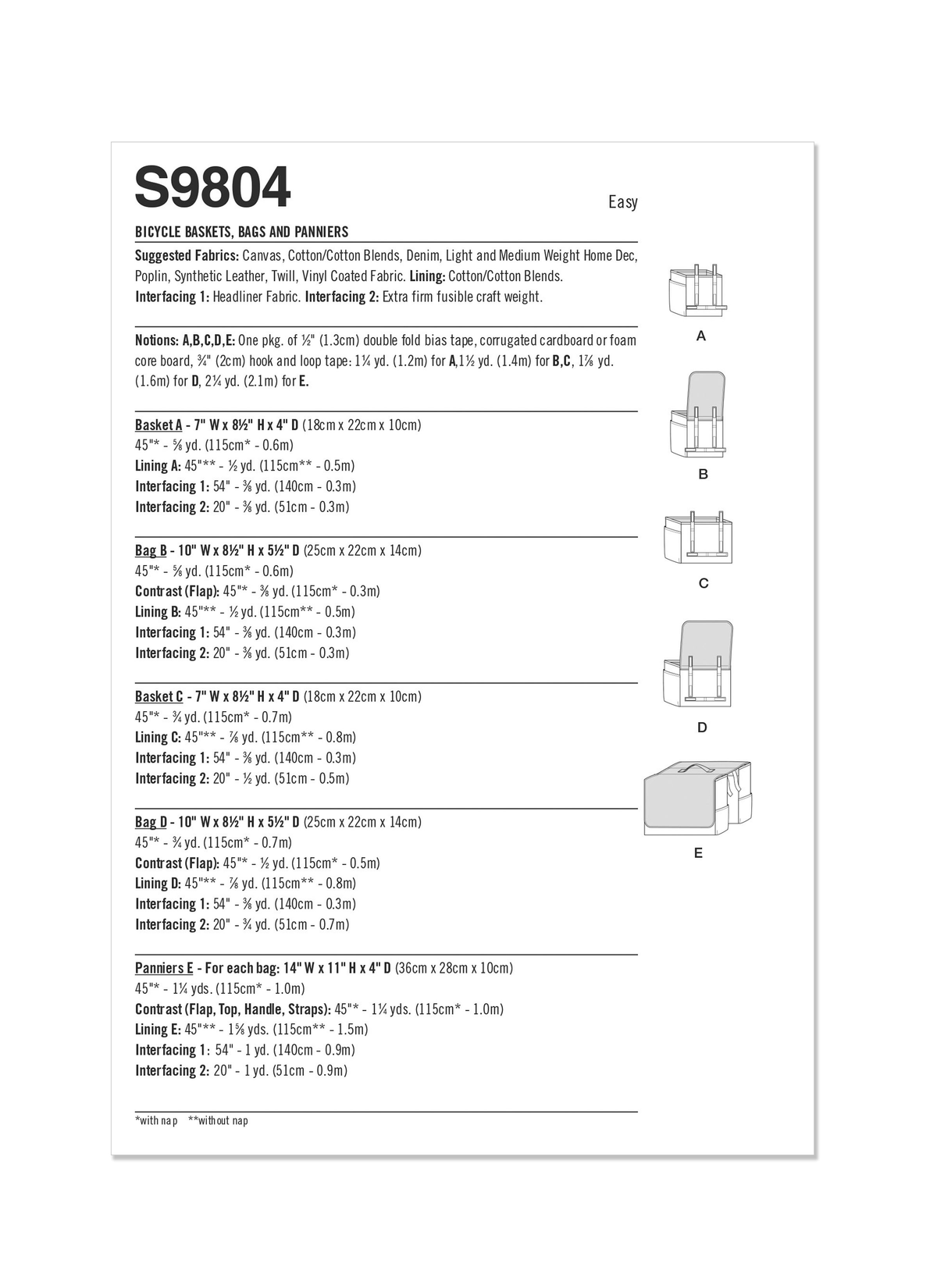 Simplicity sewing pattern S9804 envelope showing bike baskets, bags and panniers designs