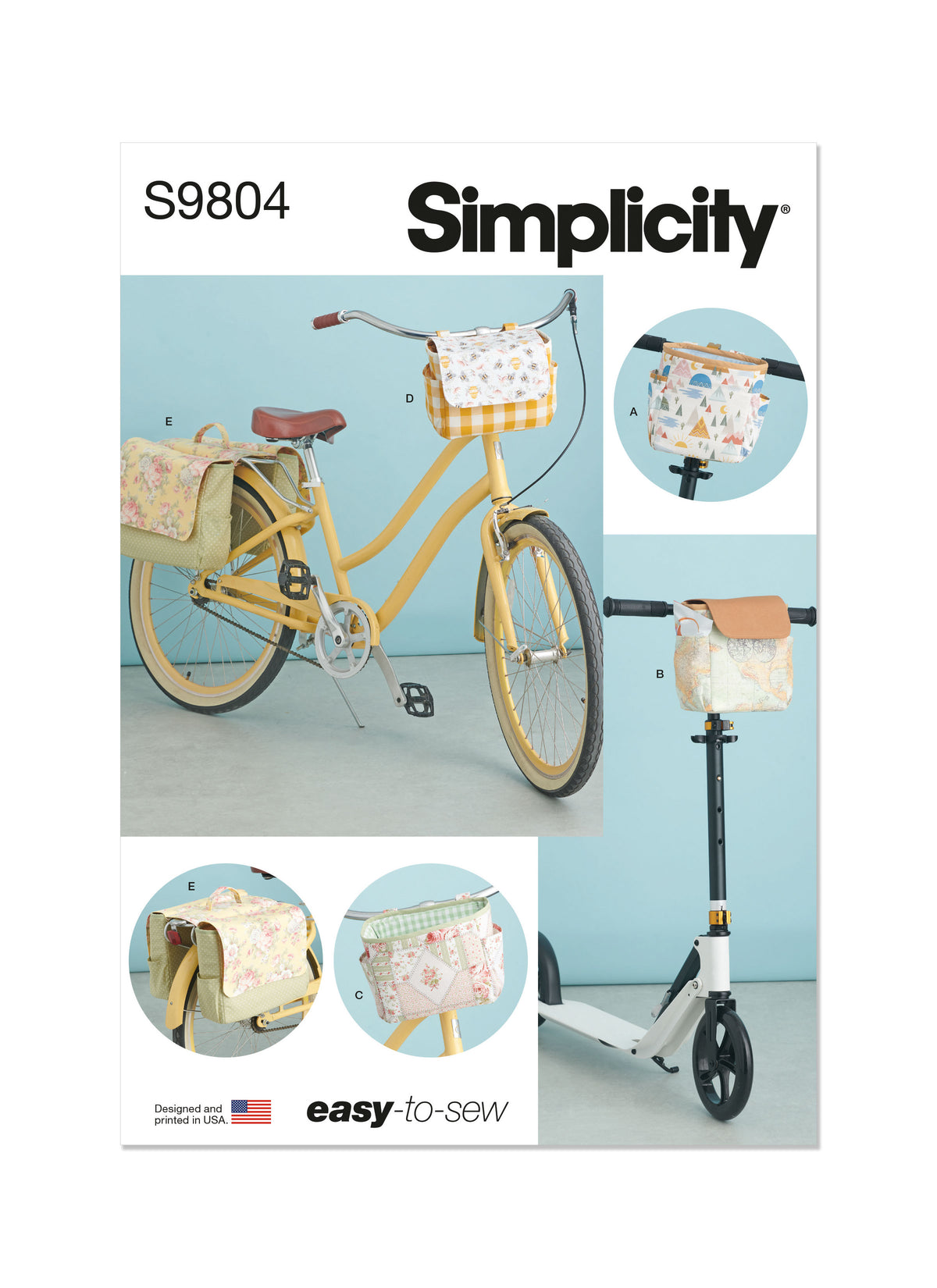 Simplicity sewing pattern S9804 envelope showing bike baskets, bags and panniers designs