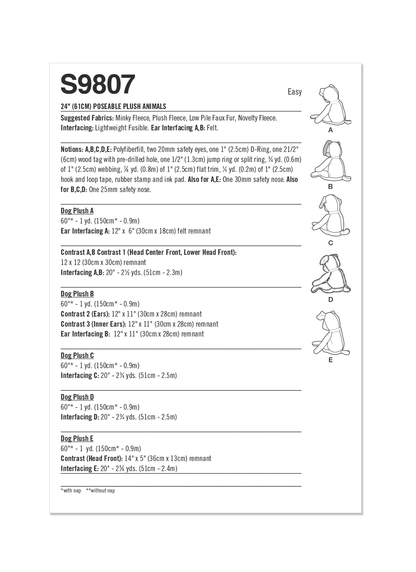 Simplicity sewing pattern S9807 envelope showing stuffed toys designs