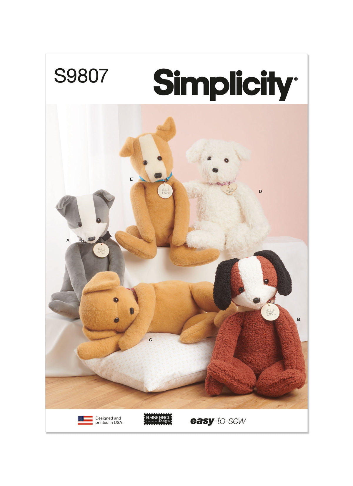 Simplicity sewing pattern S9807 envelope showing stuffed toys designs