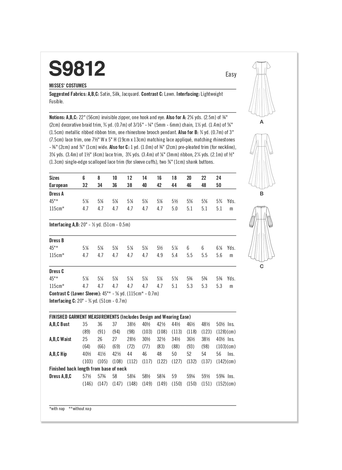 Simplicity sewing pattern S9812 envelope showing misses' costume designs