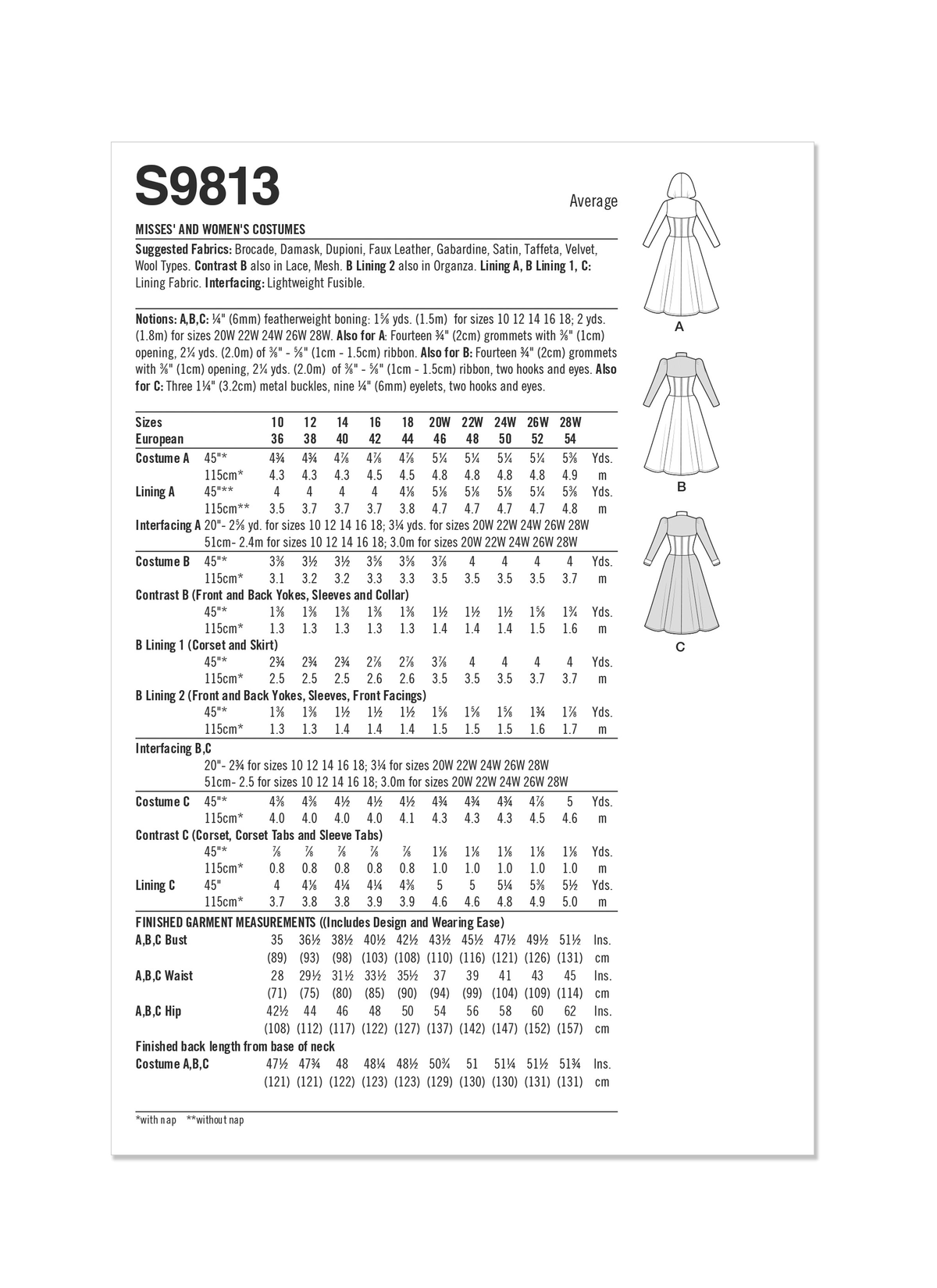 Simplicity sewing pattern S9813 envelope showing misses' corset costume designs
