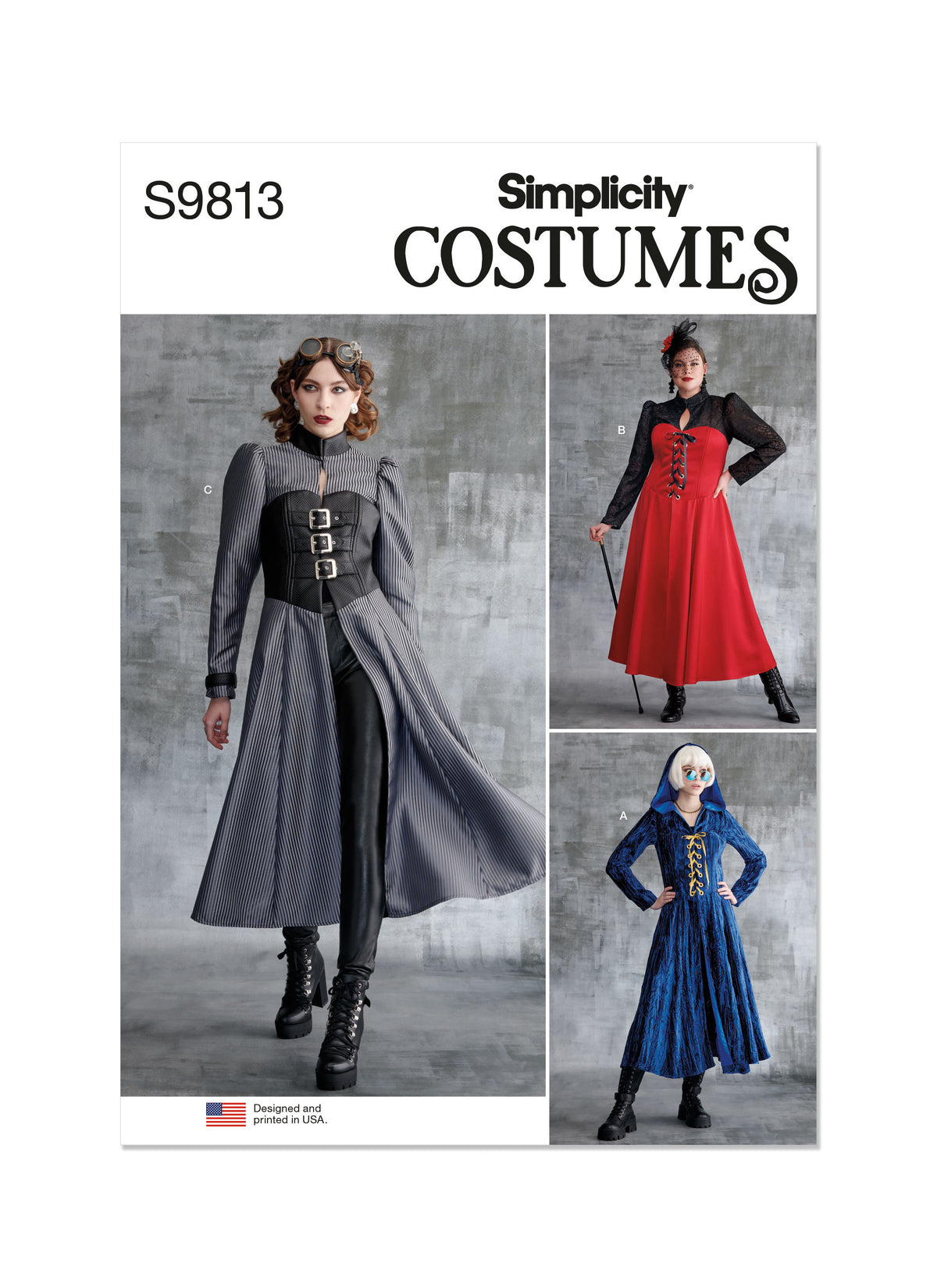 Simplicity sewing pattern S9813 envelope showing misses' corset costume designs