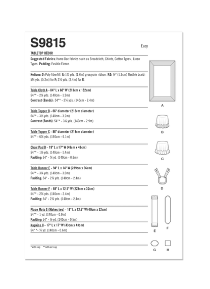 Simplicity sewing pattern S9815 envelope showing table linens designs