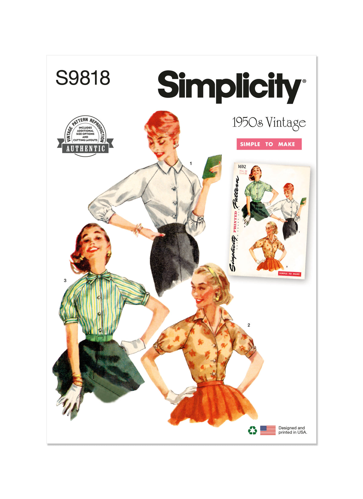 Simplicity sewing pattern S9818 envelope showing vintage 1950s misses' blouses designs