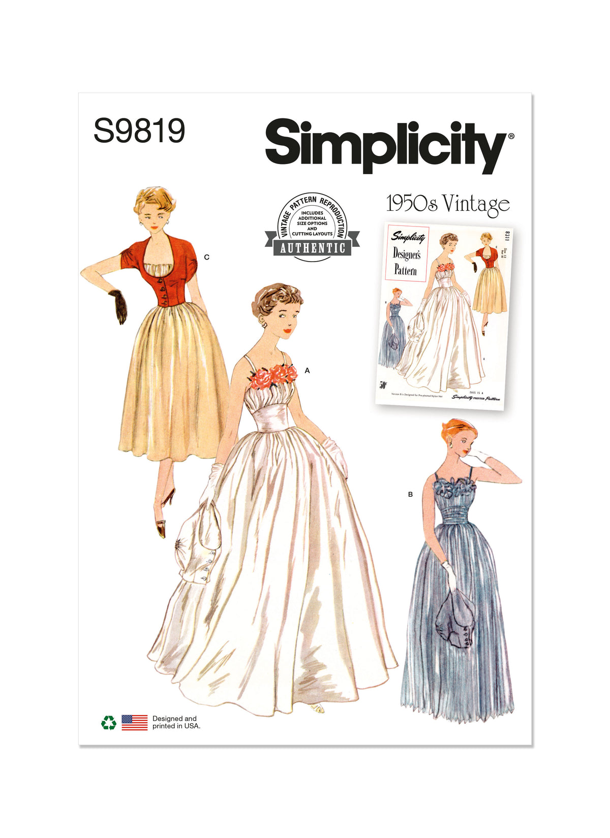 Simplicity sewing pattern S9819 envelope showing vintage 1950s misses' dress and jacket designs