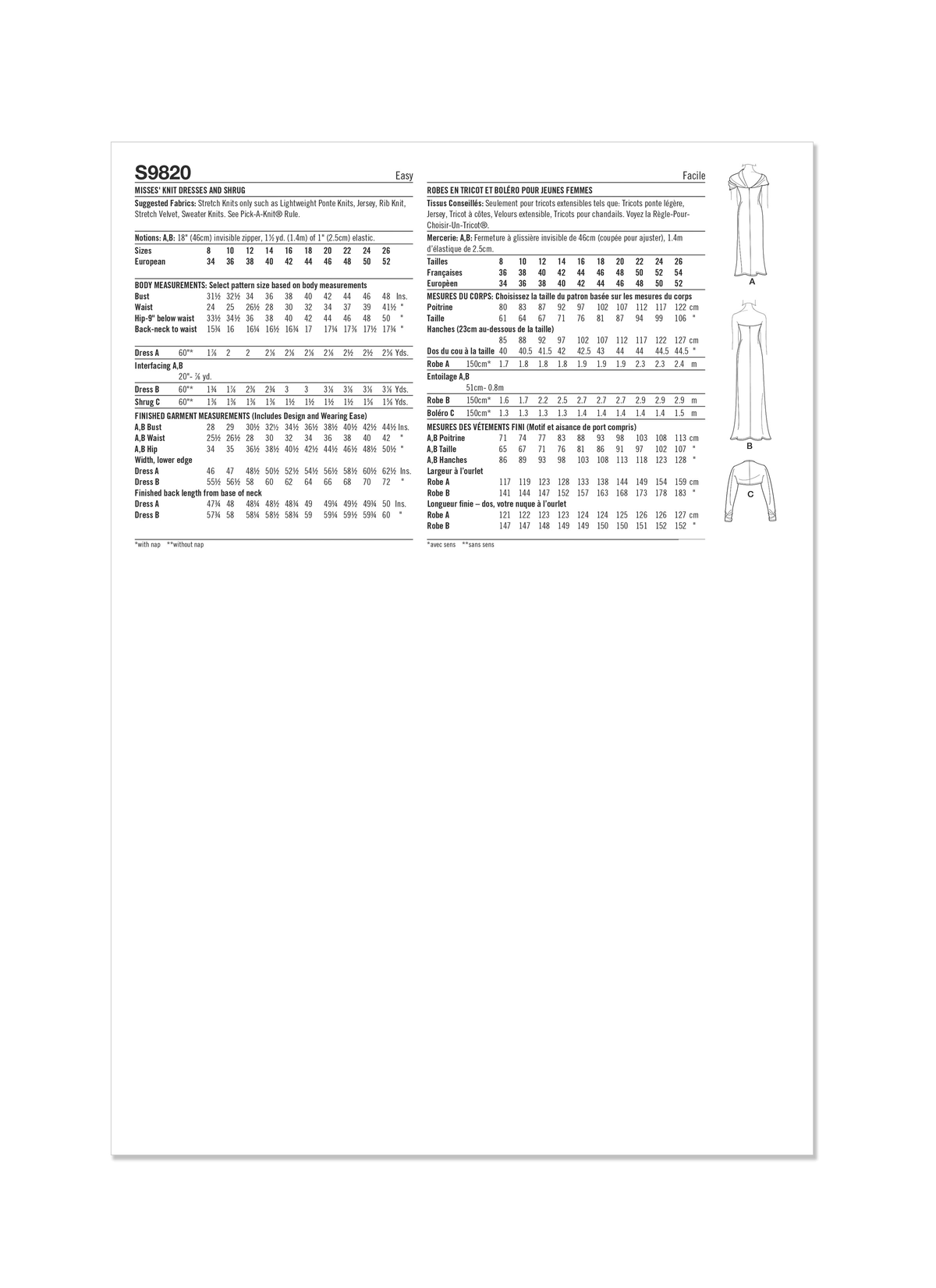 Simplicity sewing pattern S9820 envelope showing misses' dress designs