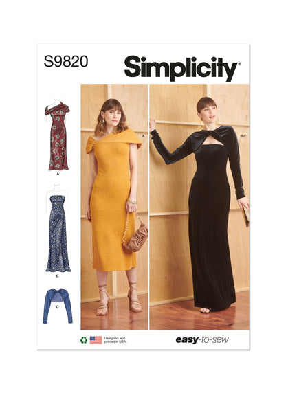 Simplicity sewing pattern S9820 envelope showing misses' dress designs