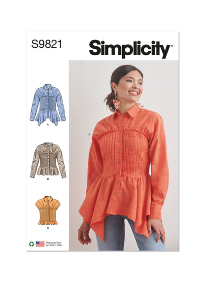Simplicity sewing pattern S9821 envelope showing misses' shirt designs