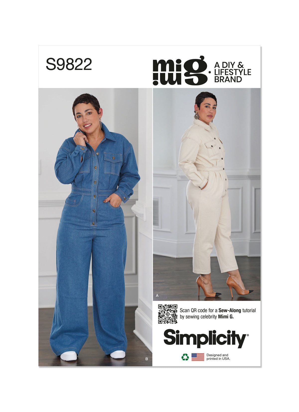 Simplicity sewing pattern S9822 envelope showing misses' shirt and trousers designs