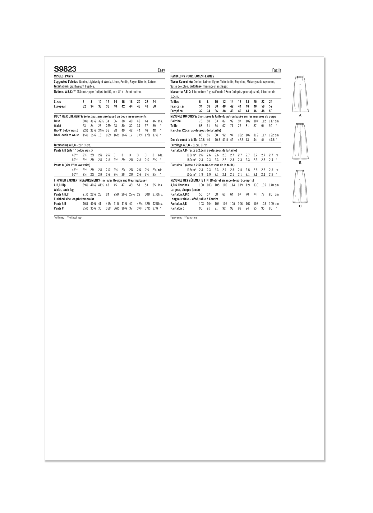 Simplicity sewing pattern S9823 envelope showing misses' trousers designs