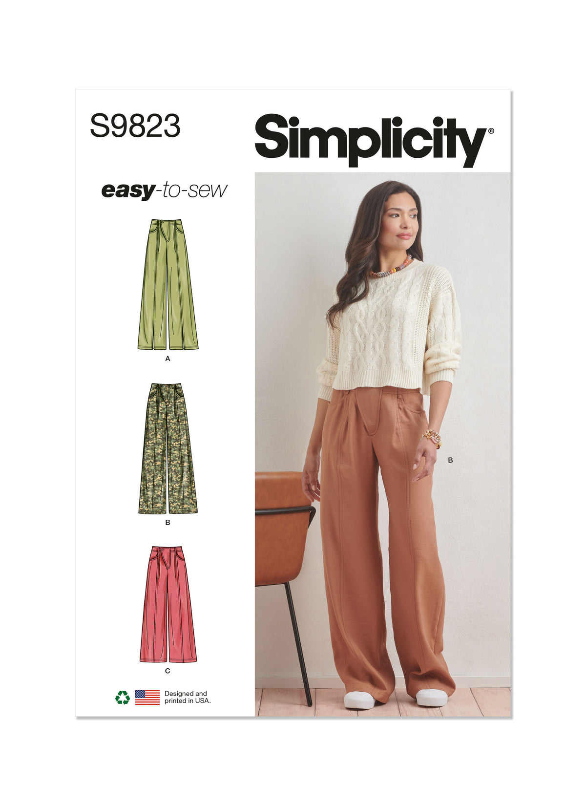 Simplicity sewing pattern S9823 envelope showing misses' trousers designs