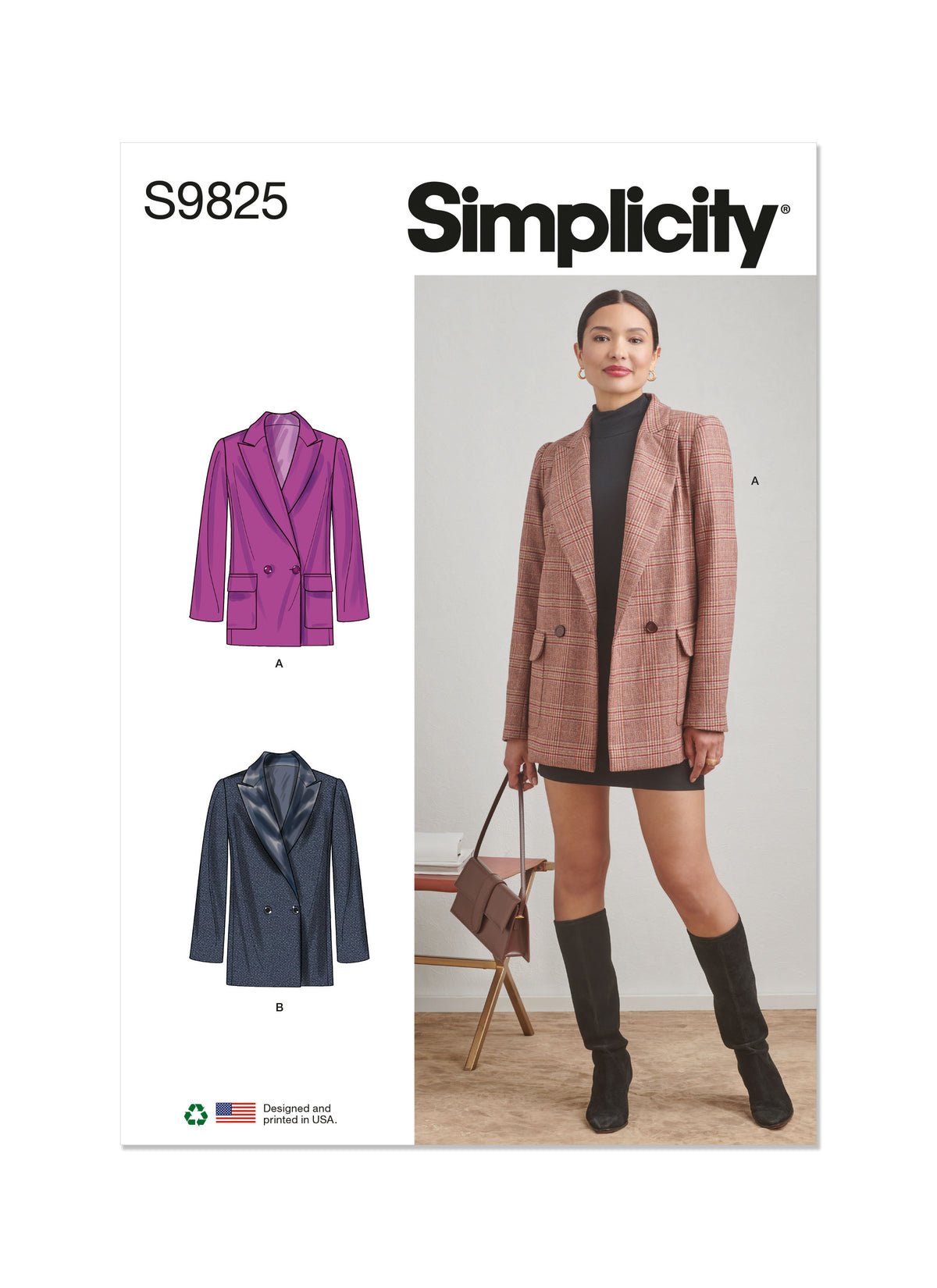 Simplicity sewing pattern S9825 envelope showing misses' double breasted jacket designs