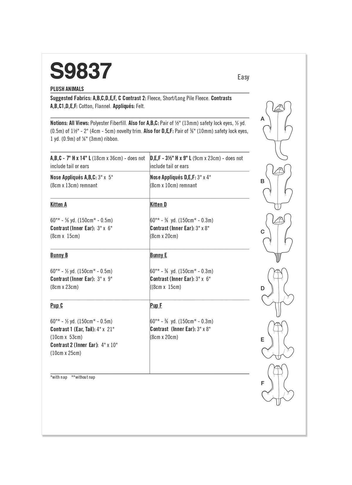 Simplicity S9837 fleece soft toy animals sewing pattern envelope