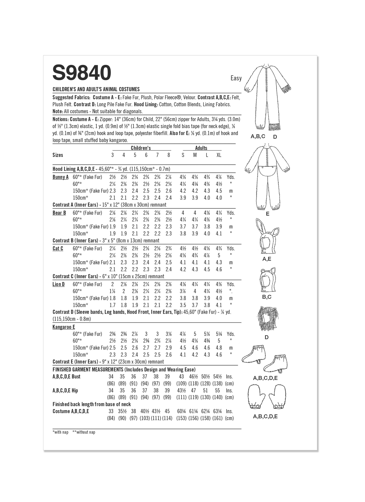 Simplicity S9840 animal costumes sewing pattern envelope