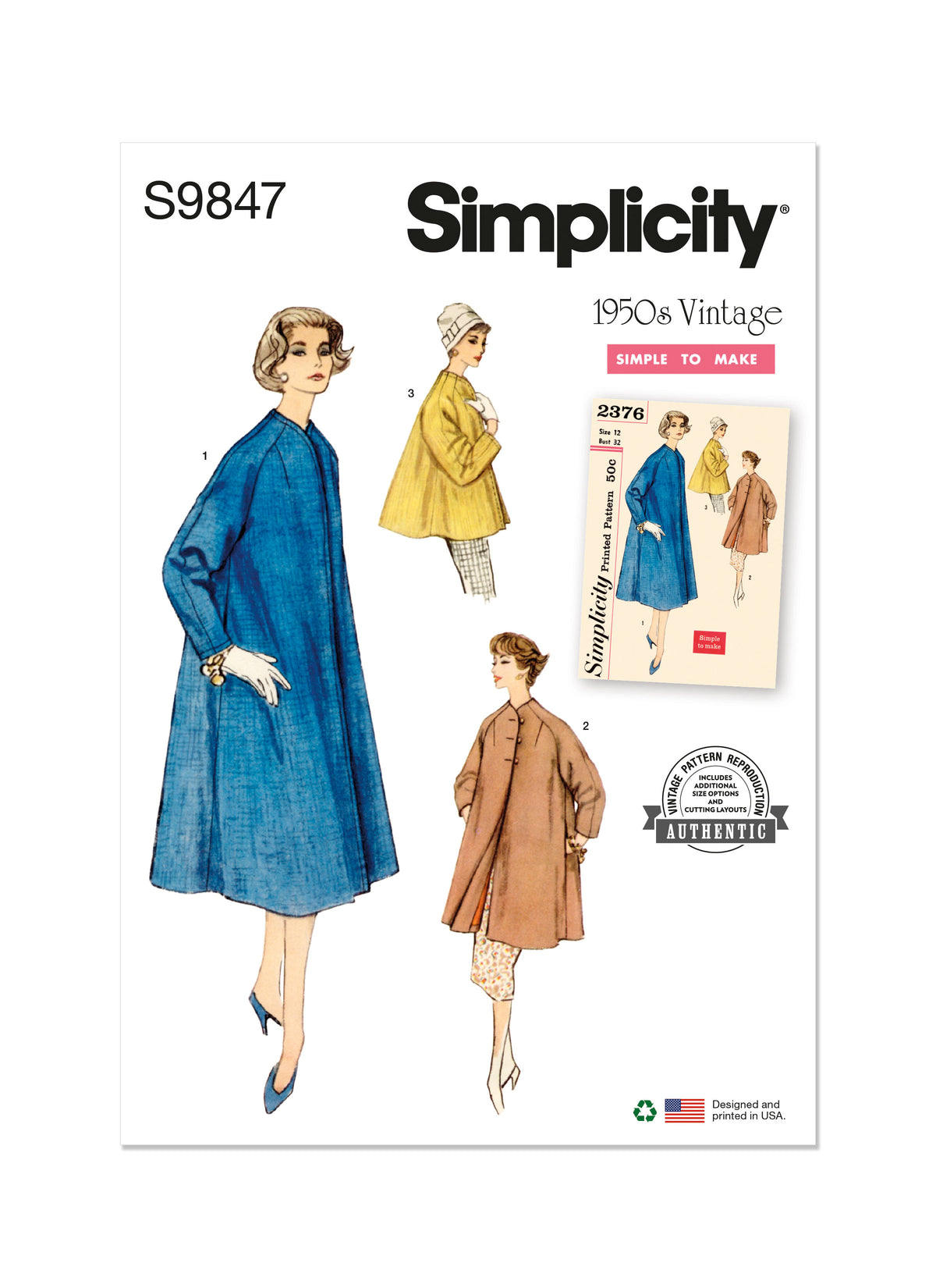 Simplicity S9847 vintage 1950s coat sewing pattern envelope