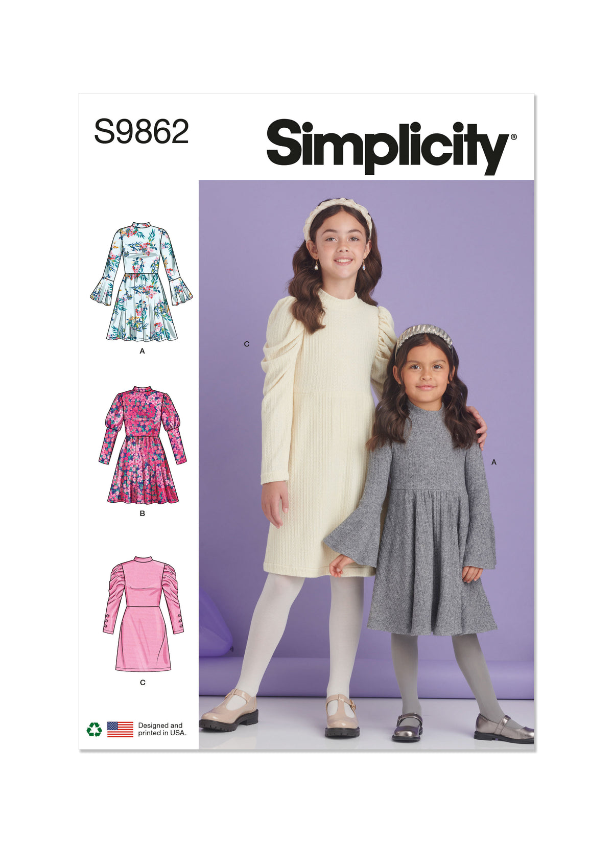 Simplicity S9862 sewing pattern envelope showing girls' knit dress