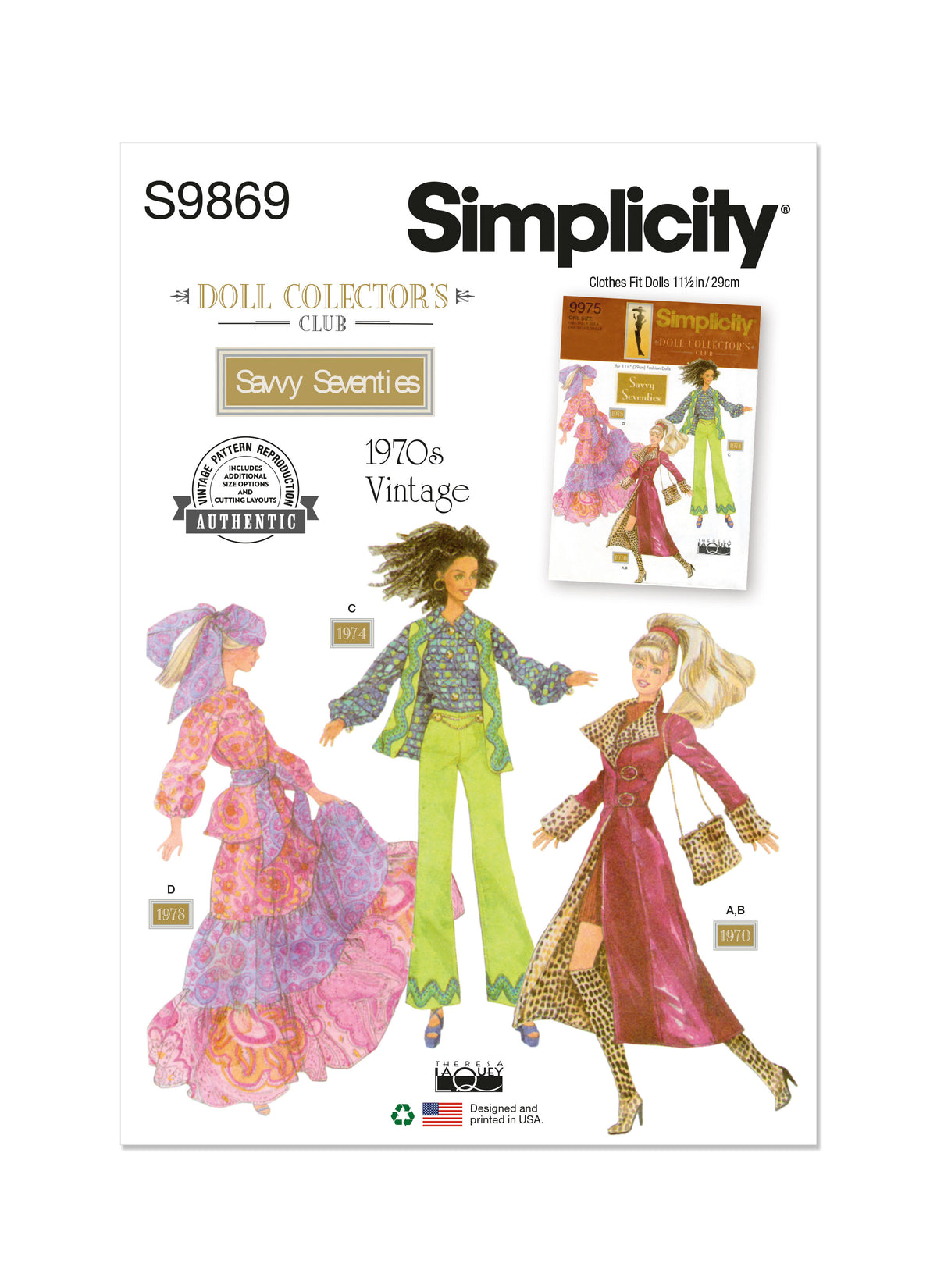 Simplicity S9869 sewing pattern envelope showing fashion doll clothes