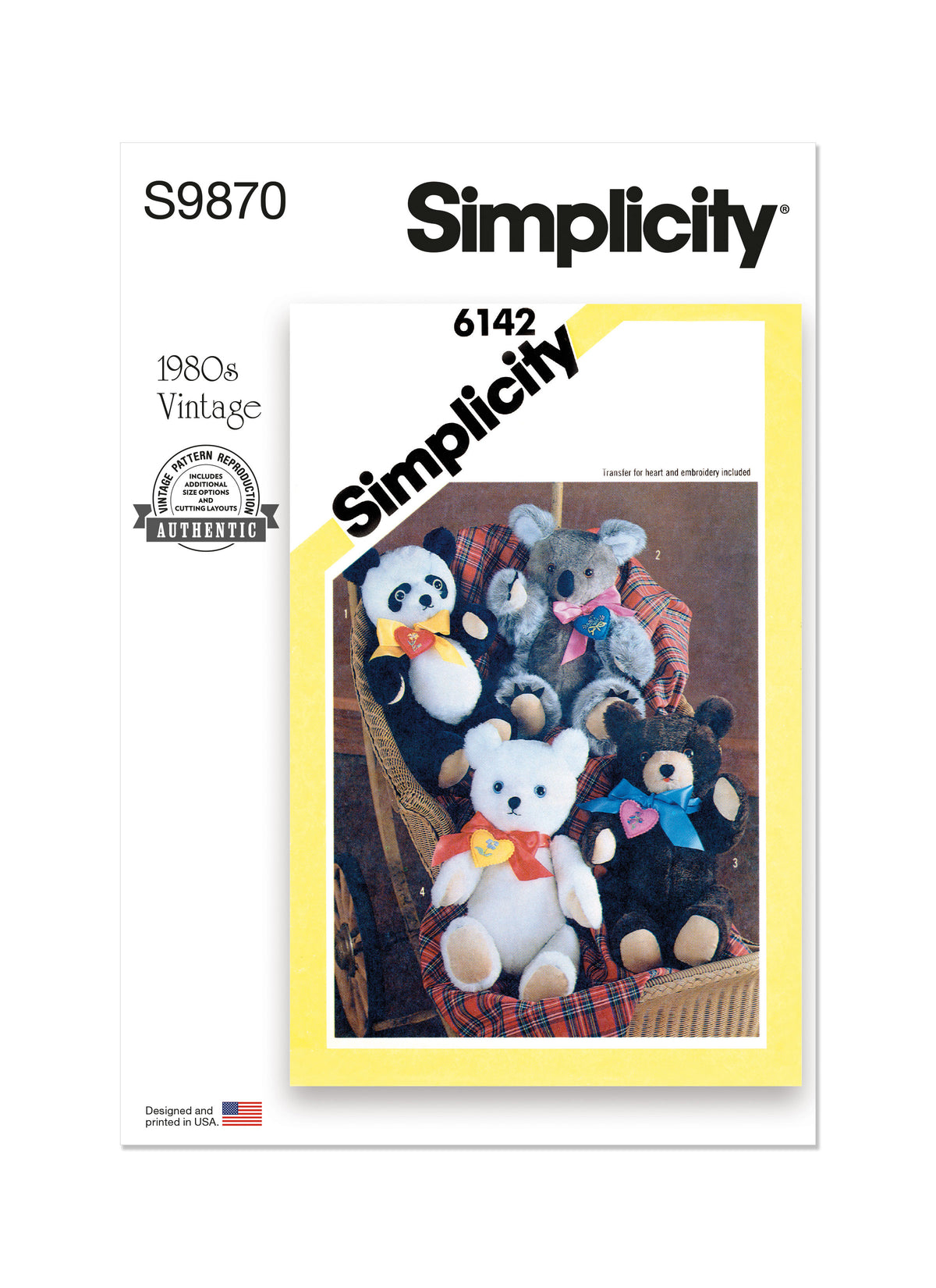 Simplicity S9870 sewing pattern envelope showing a plush teddy bear