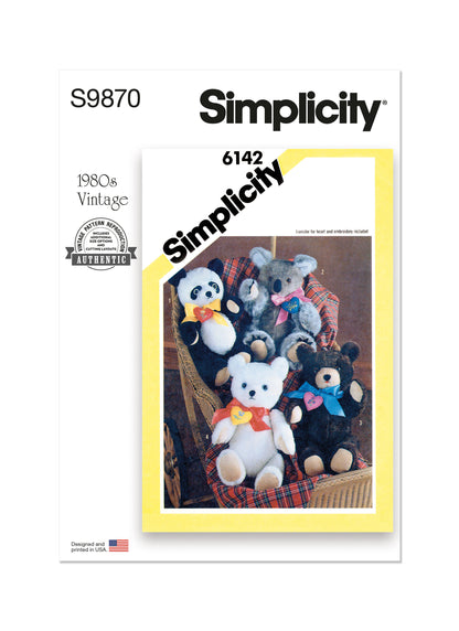 Simplicity S9870 sewing pattern envelope showing a plush teddy bear