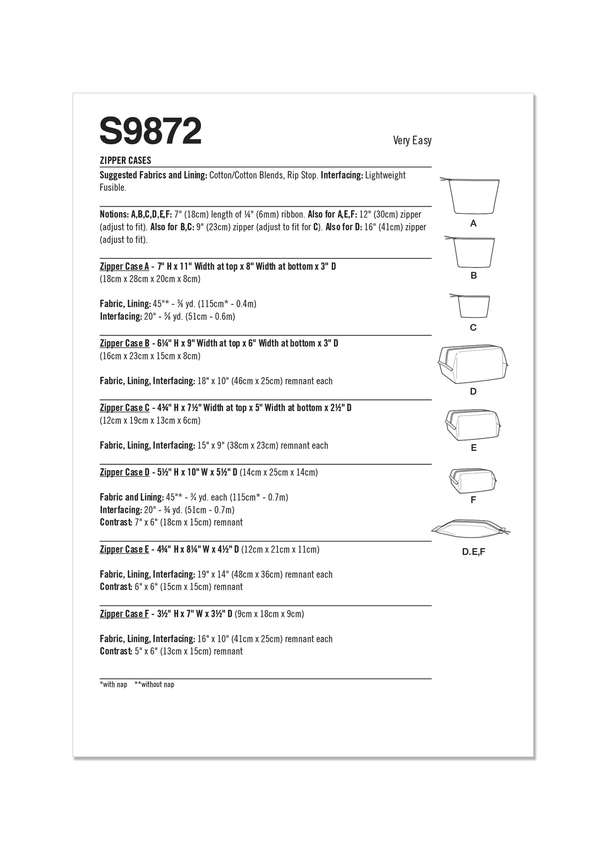 Simplicity S9872 sewing pattern envelope showing zip pouches and cases