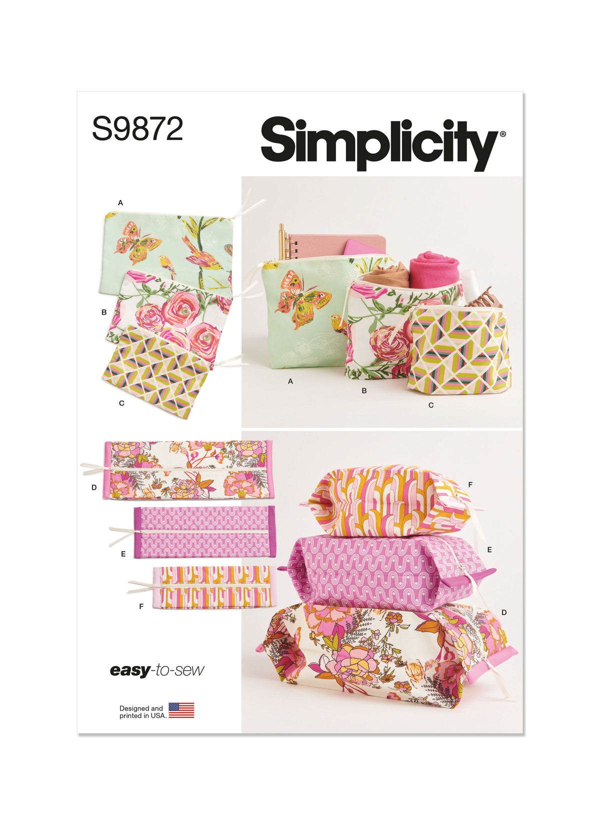 Simplicity S9872 sewing pattern envelope showing zip pouches and cases