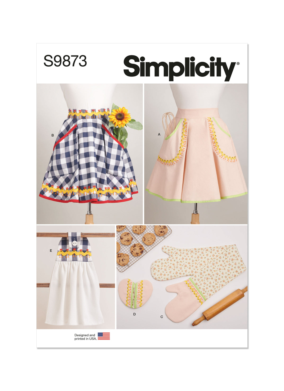 Simplicity S9873 sewing pattern envelope showing aprons
