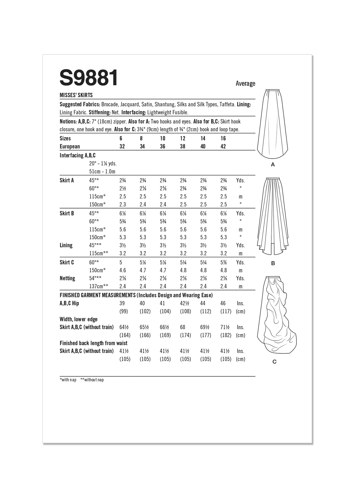 Simplicity S9881 sewing pattern envelope showing women's costume skirts