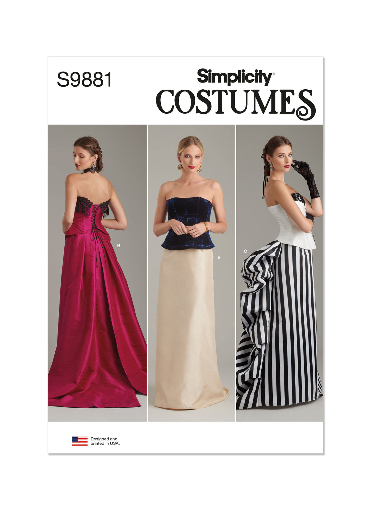 Simplicity S9881 sewing pattern envelope showing women's costume skirts