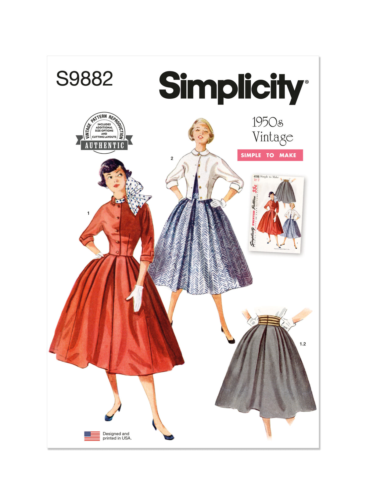 Simplicity S9882 sewing pattern envelope showing vintage skirt and jacket