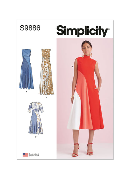 Simplicity S9886 sewing pattern envelope showing women's dress