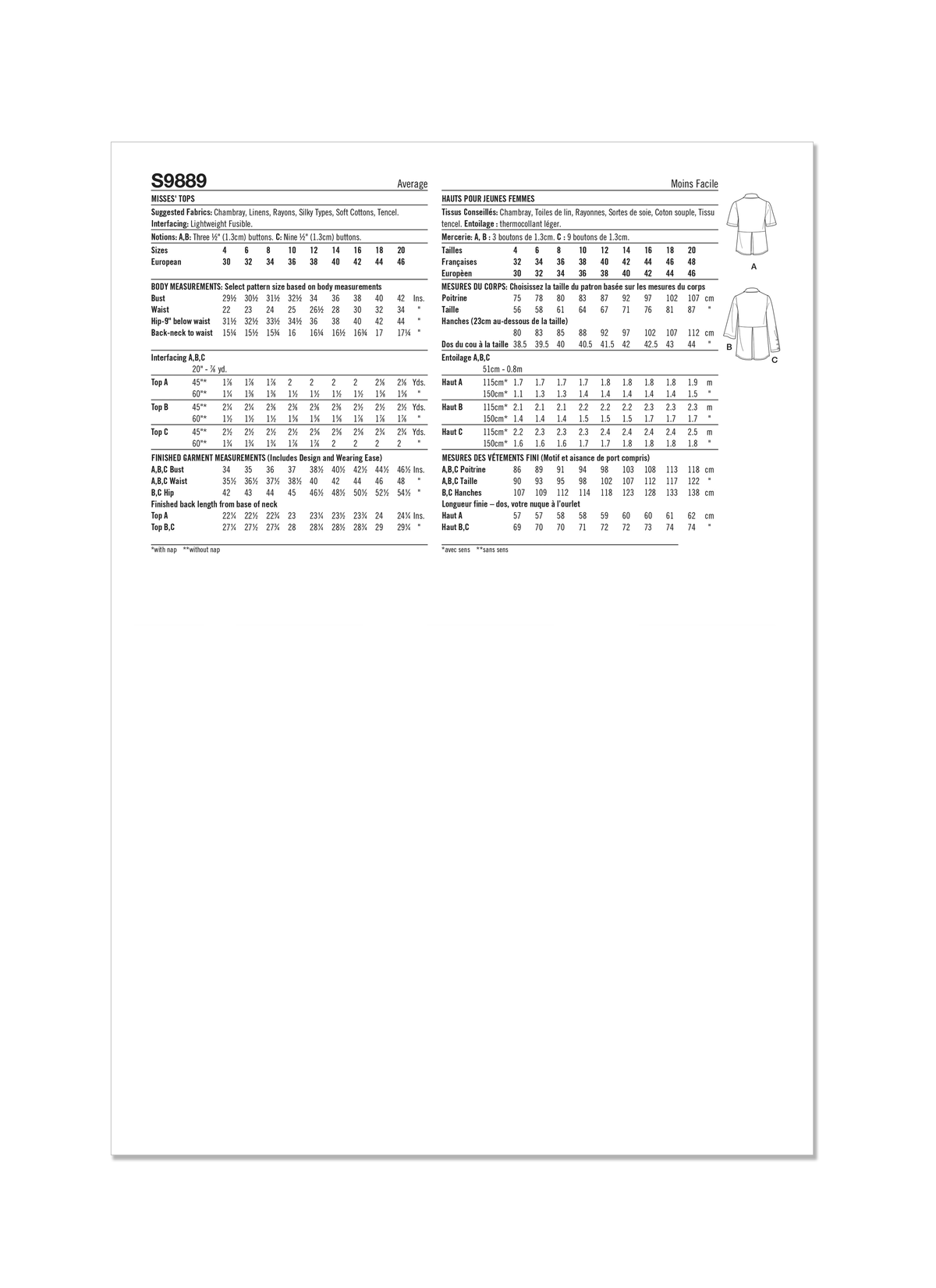 Simplicity S9889 sewing pattern envelope showing women's top