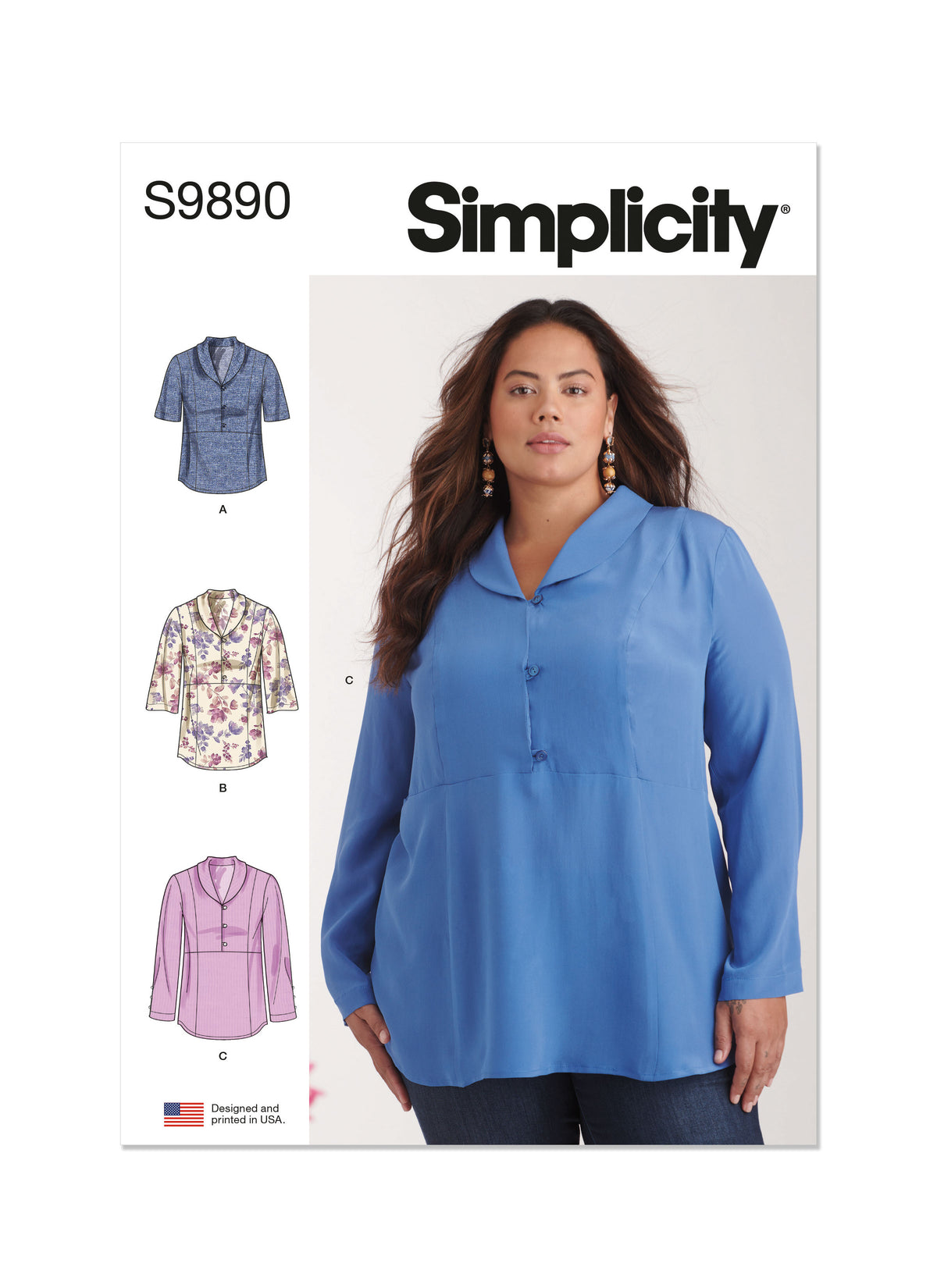 Simplicity S9890 sewing pattern envelope showing plus size top