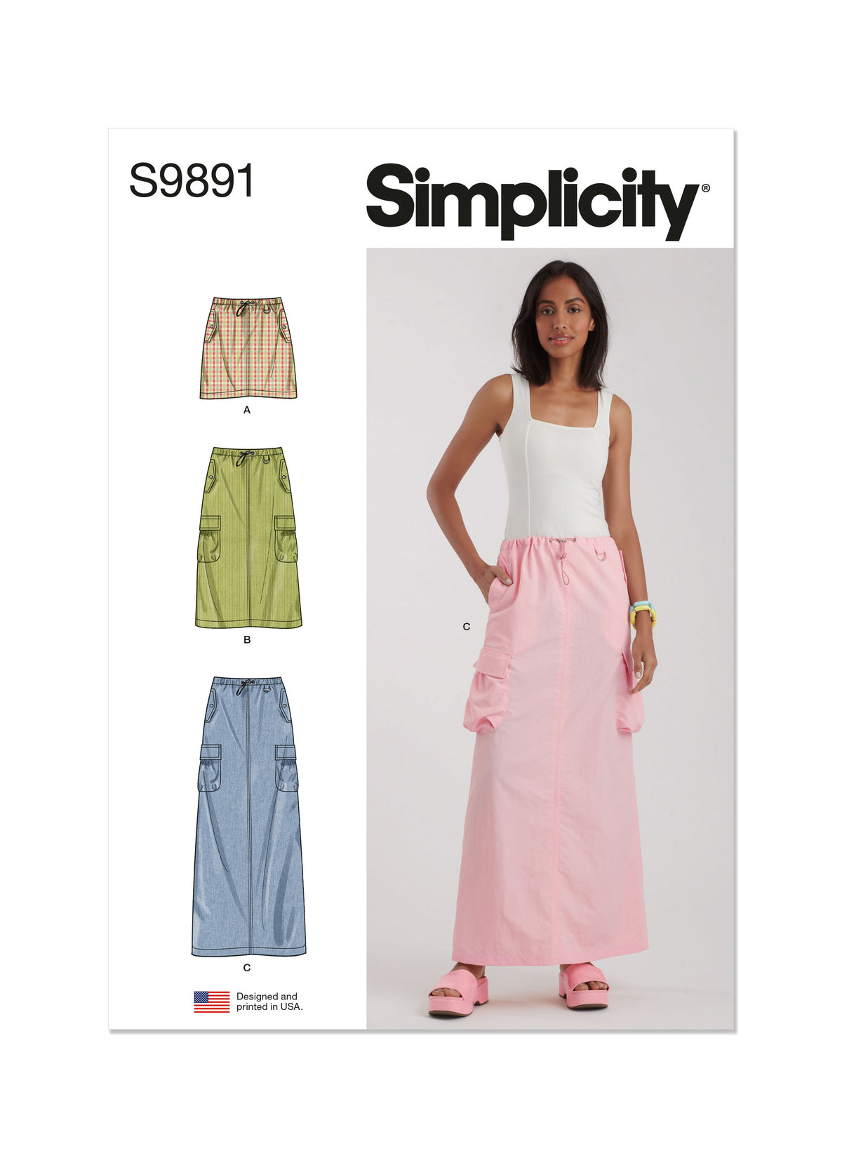 Simplicity S9891 sewing pattern envelope showing women's skirt and trousers