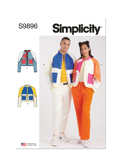 Simplicity sewing pattern S9896 envelope showing unisex jacket designs