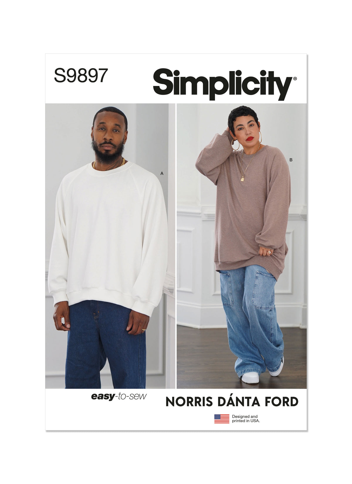 Simplicity sewing pattern S9897 envelope showing unisex sweatshirt top designs