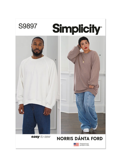 Simplicity sewing pattern S9897 envelope showing unisex sweatshirt top designs