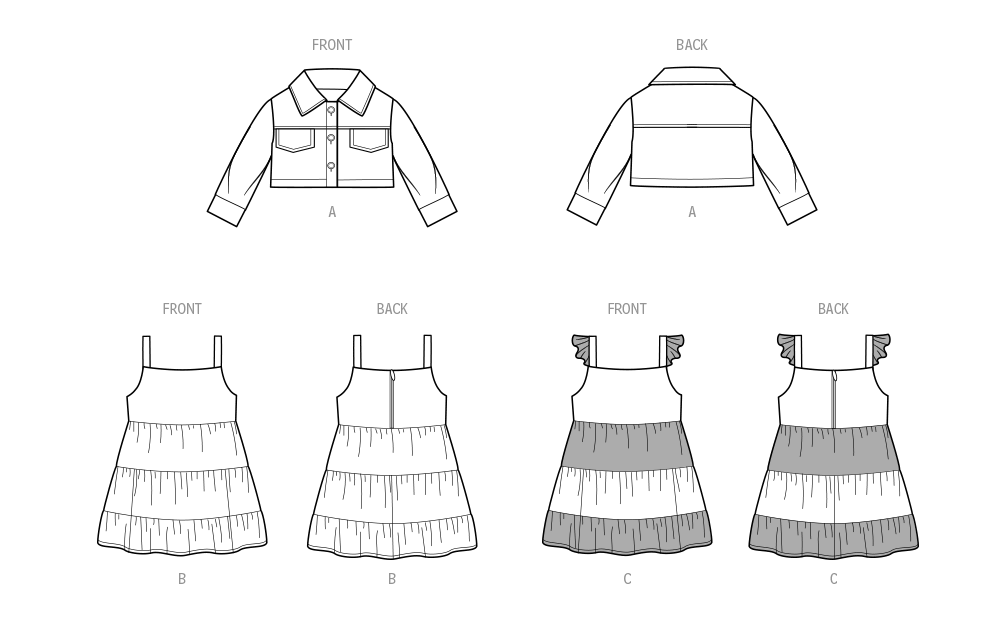 Simplicity sewing pattern S9899 envelope showing toddler jean jacket & dress designs