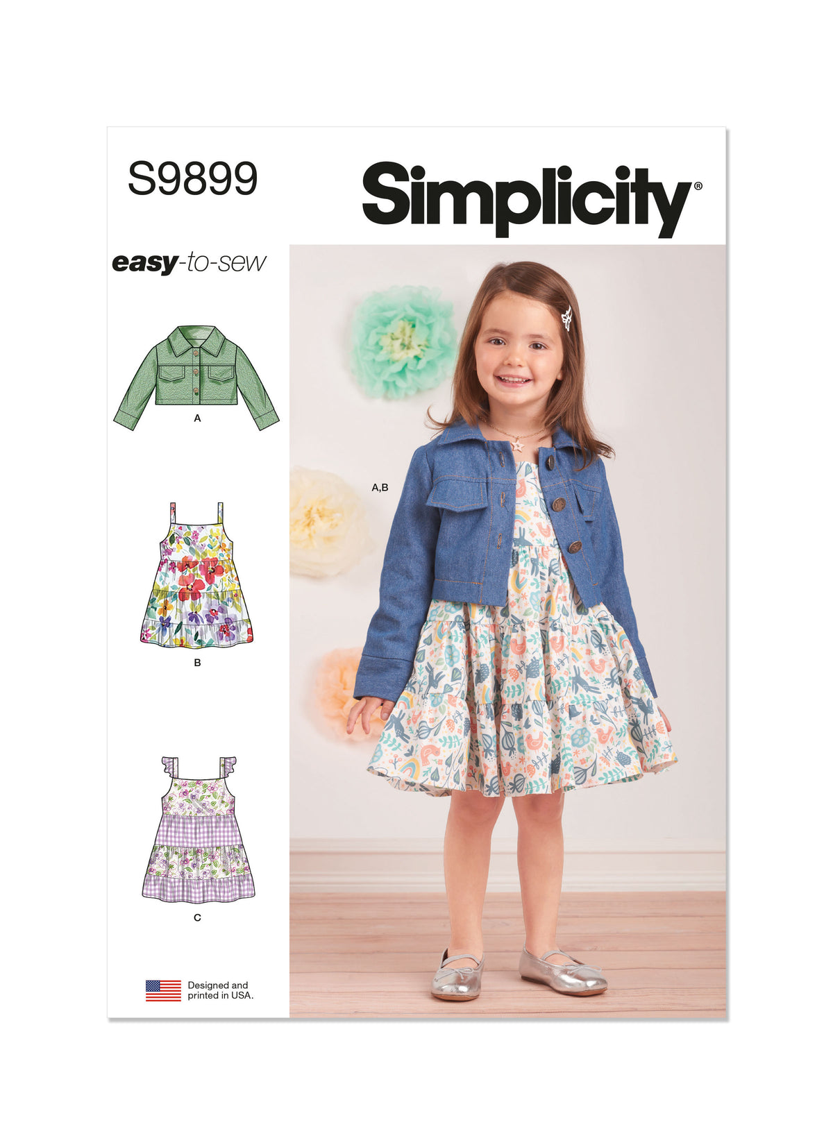 Simplicity sewing pattern S9899 envelope showing toddler jean jacket & dress designs