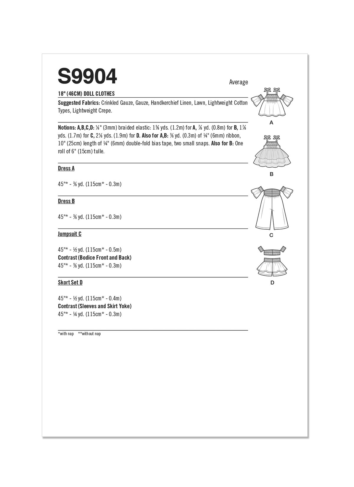 Simplicity sewing pattern S9904 envelope showing doll clothes designs