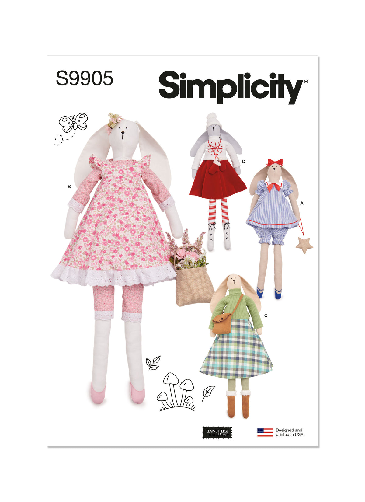 Simplicity sewing pattern S9905 envelope showing stuffed toys with seasonal outfits designs