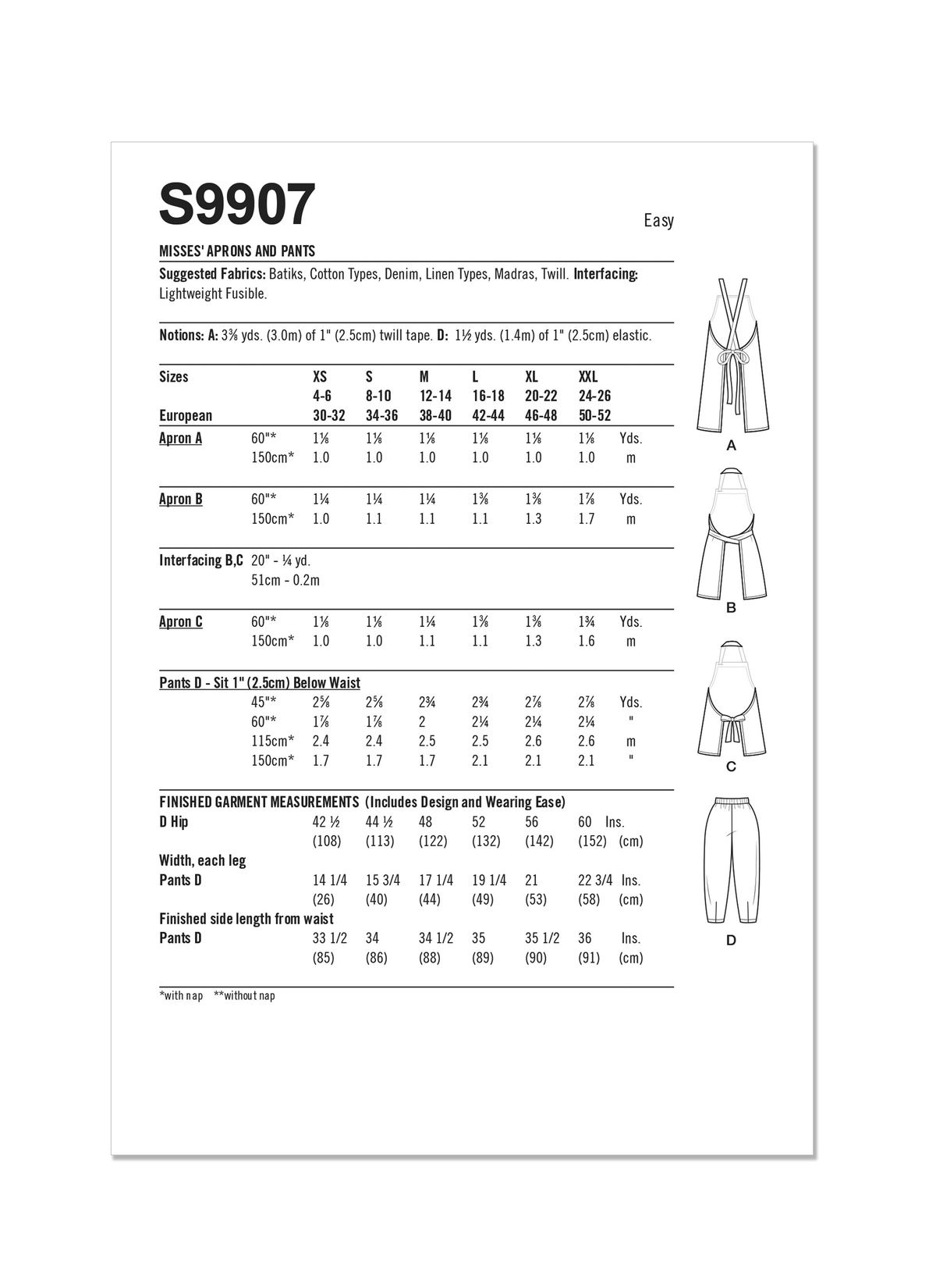 Simplicity sewing pattern S9907 envelope showing apron designs