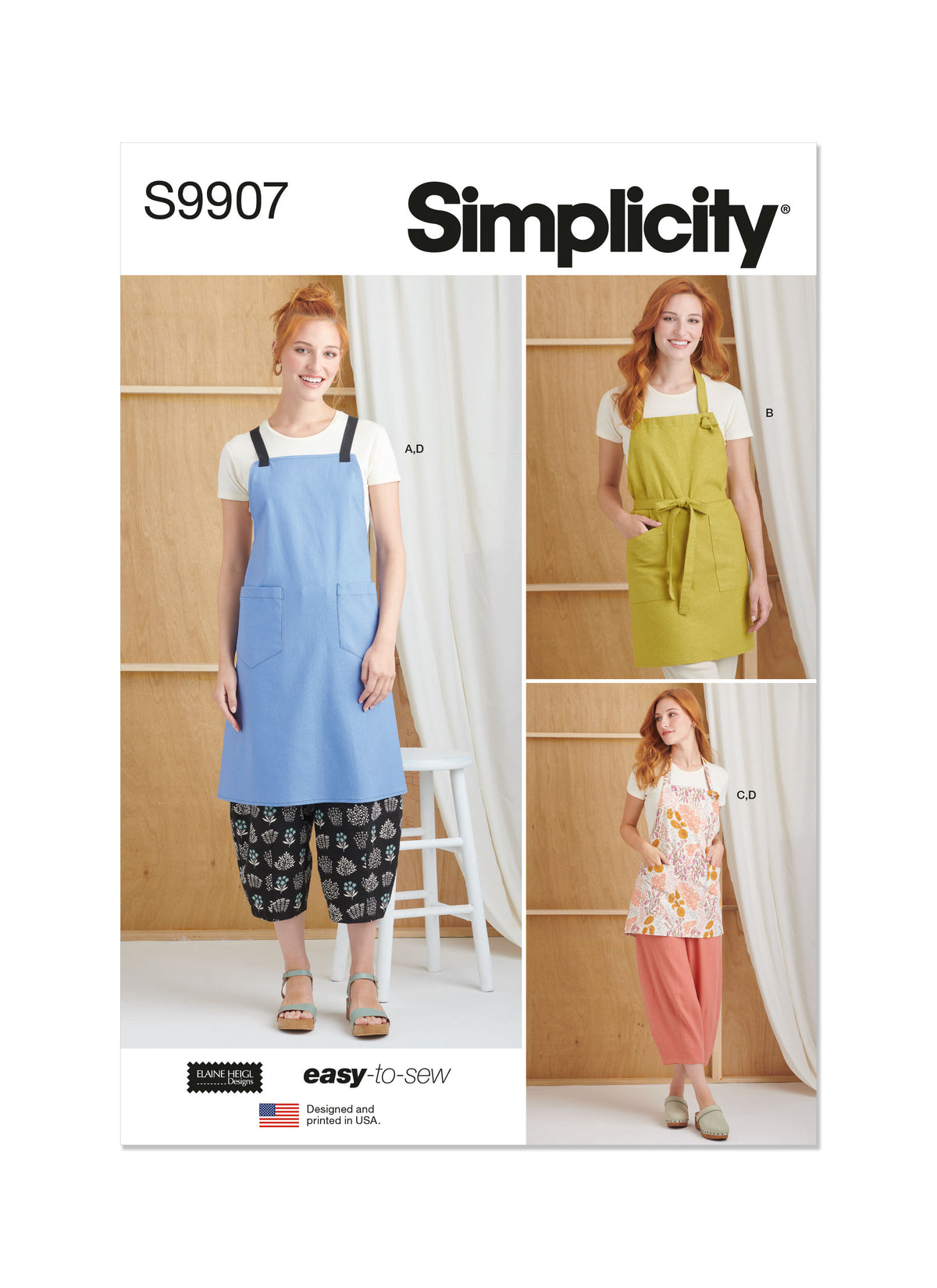 Simplicity sewing pattern S9907 envelope showing apron designs