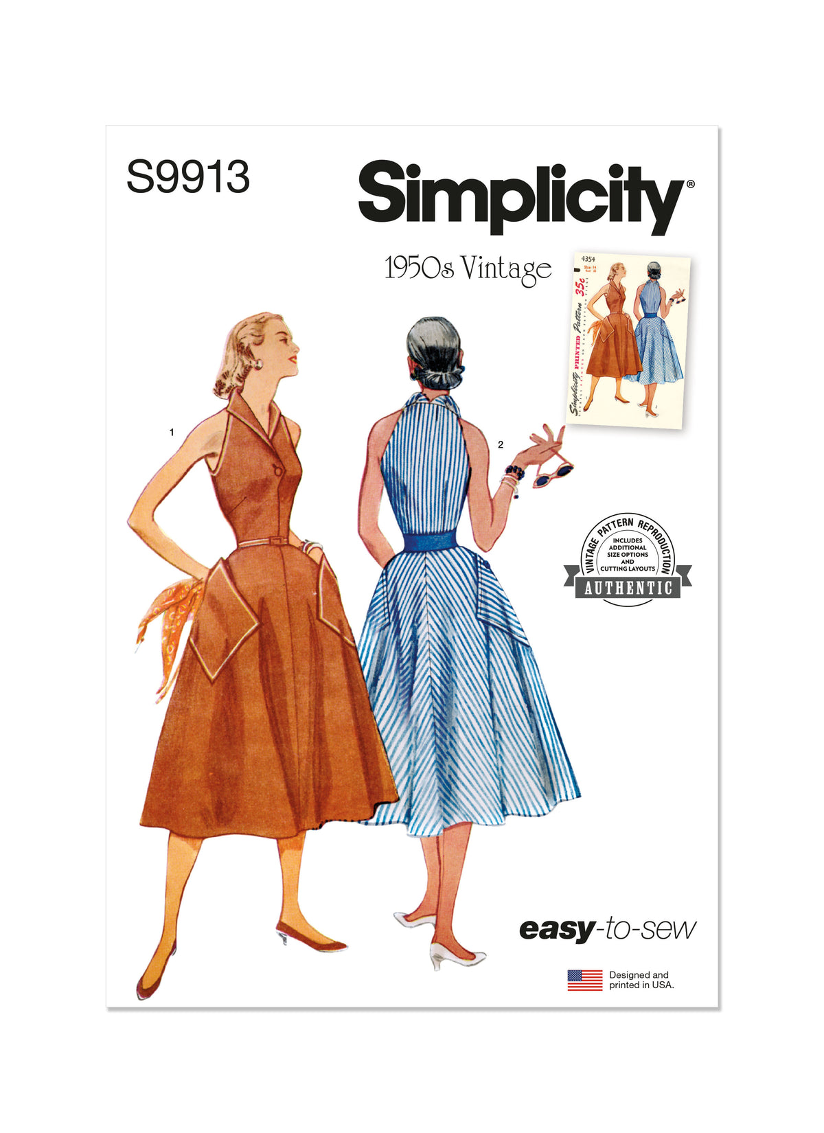 Simplicity sewing pattern S9913 envelope showing vintage 1950s dress designs