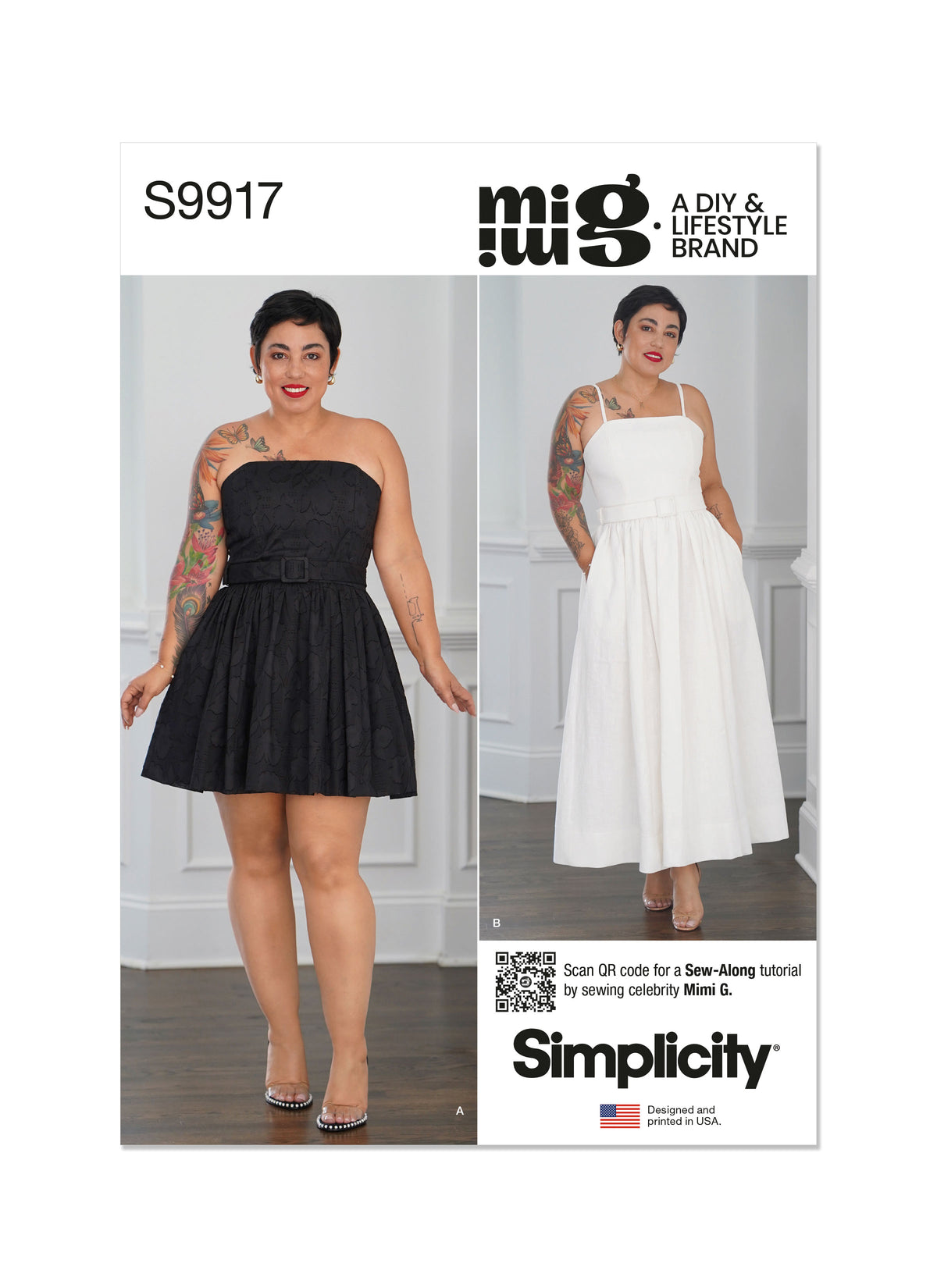 Simplicity sewing pattern S9917 envelope showing misses' square neck dress designs
