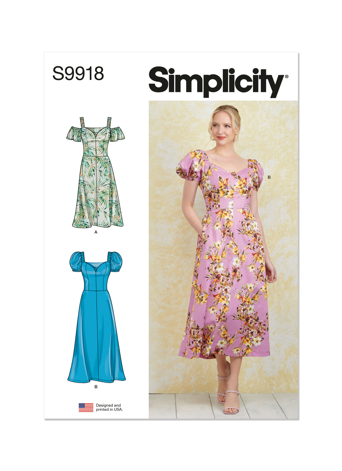 Simplicity sewing pattern S9918 envelope showing misses' sweetheart neck dress designs