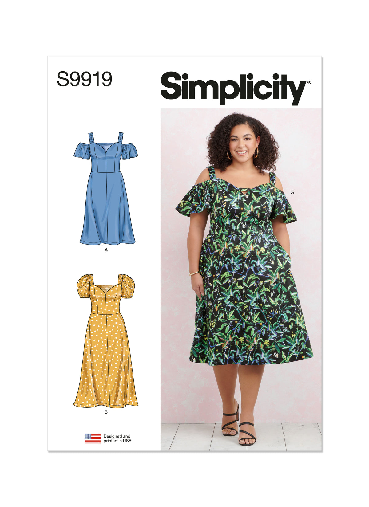 Simplicity sewing pattern S9919 envelope showing plus size sweetheart neck dress designs