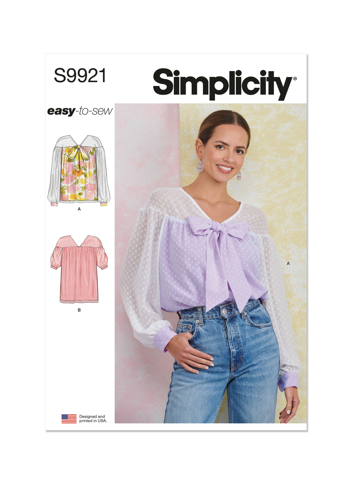 Simplicity sewing pattern S9921 envelope showing misses' puff sleeve top designs