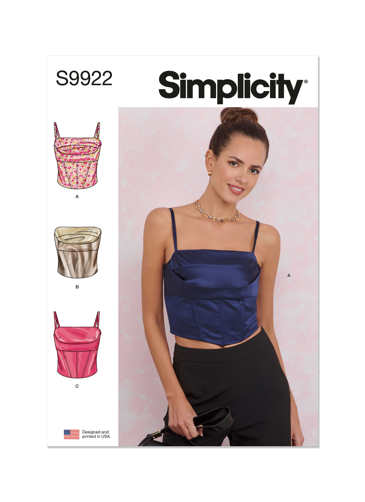 Simplicity sewing pattern S9922 envelope showing misses' square neck boned top designs